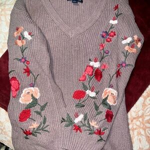 American Eagle Outfitters Floral Embroidered V-Neck Sweater